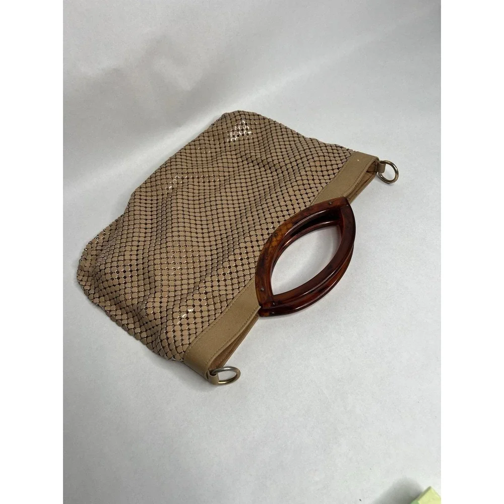 Antique Vintage Whiting & Davis Mesh‎ Metal Hand Bag Beige Taupe Tortoise Handle